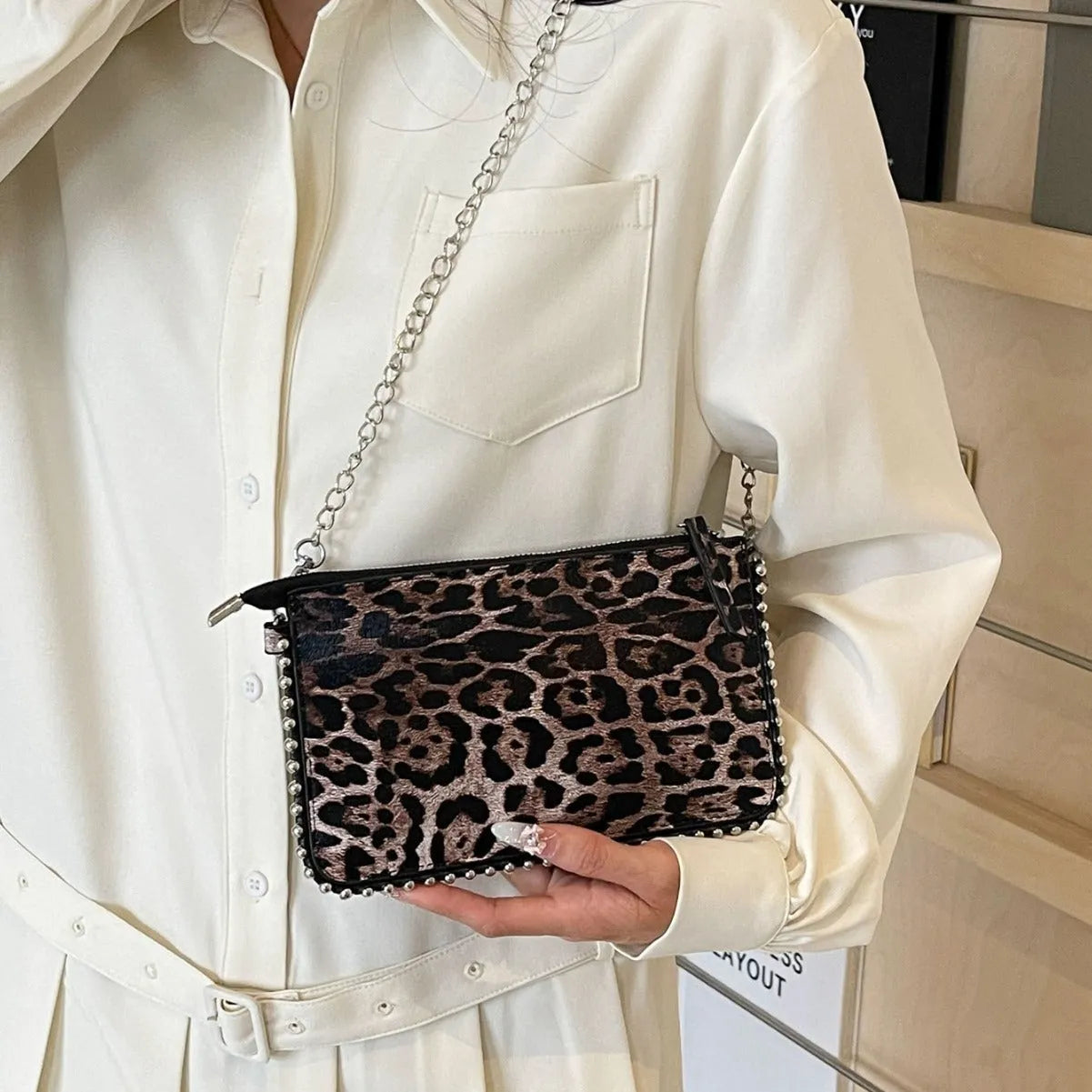 Women's brown PU leather crossbody bag with chain strap and square shape