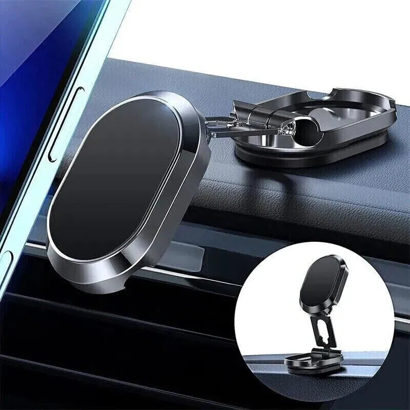 Chrome magnetic car phone holder with foldable bracket in extended and collapsed positions