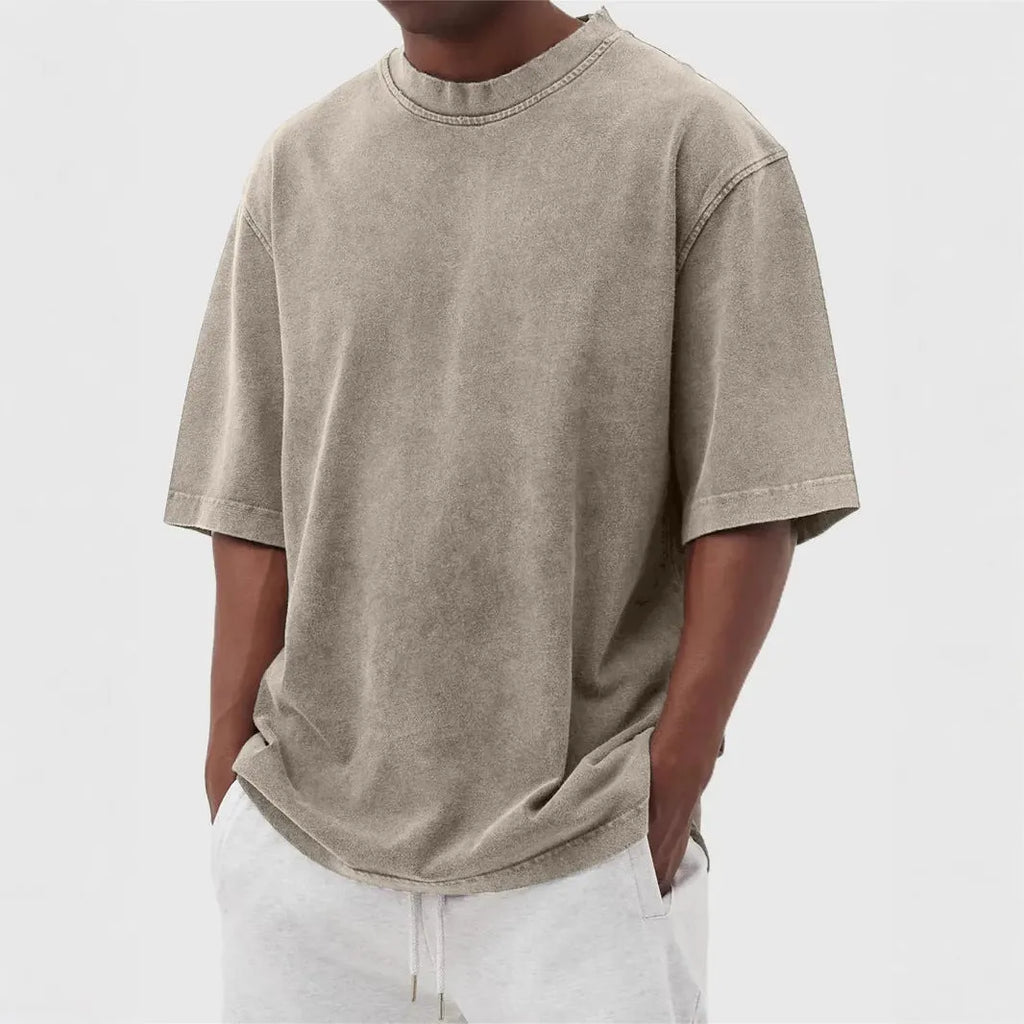 Men's stone-washed loose-fit pullover T-shirt in army green distressed solid colour