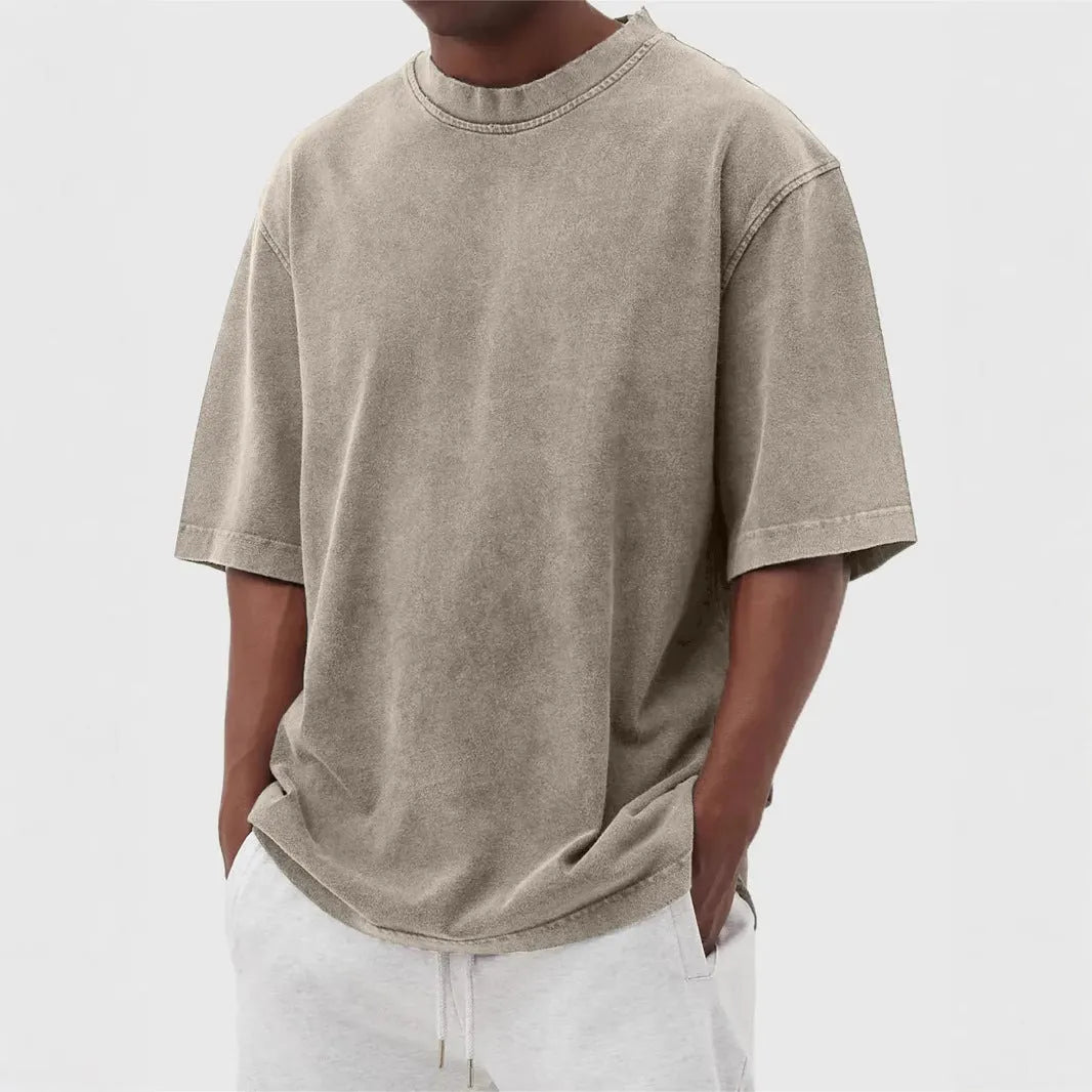 Men's stone-washed loose-fit pullover T-shirt in army green distressed solid colour