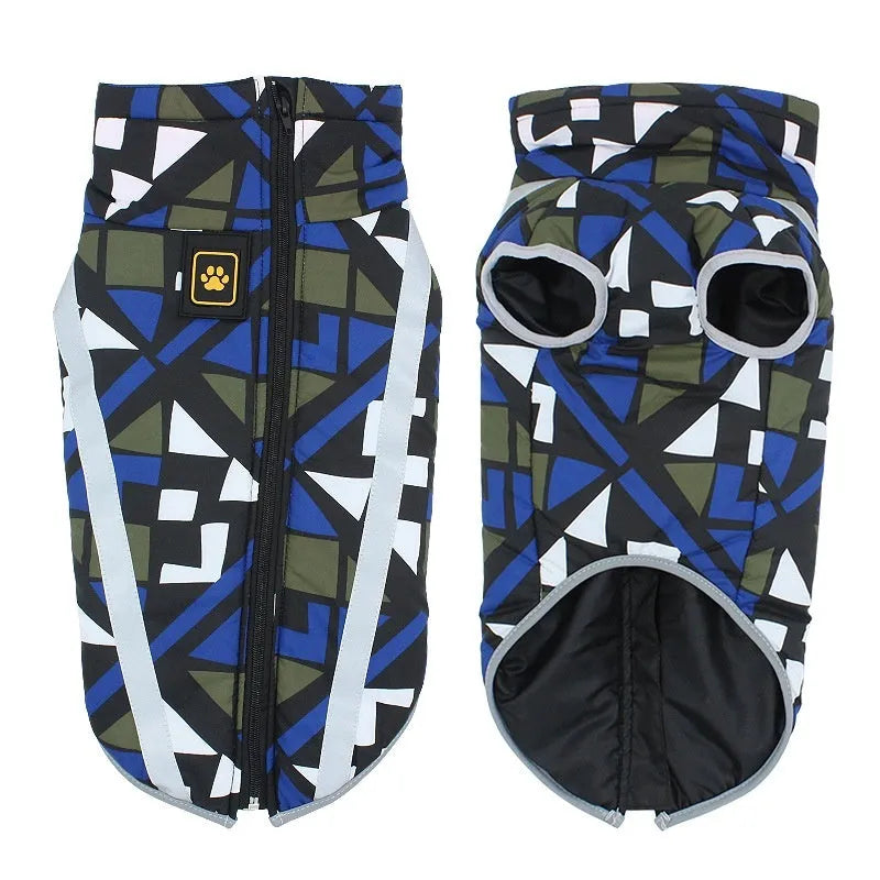 A geometric blue quilted dog jacket with reflective trim on a large breed dog.