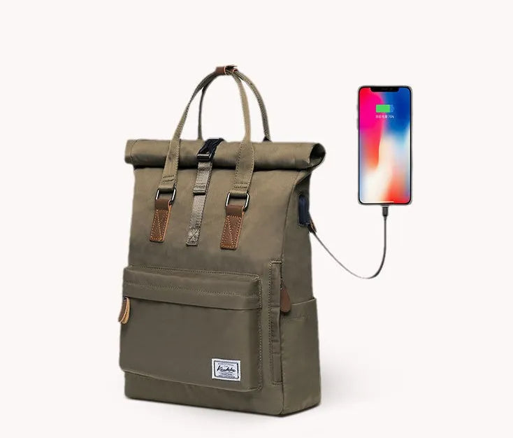 Polyester casual backpack in black, dark grey, or green with internal computer pocket and under 20 litre capacity