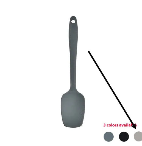 12-piece silicone kitchen utensil set in rotating storage bucket, including spatula, spoon, ladel, and egg beater on kitchen counter.
