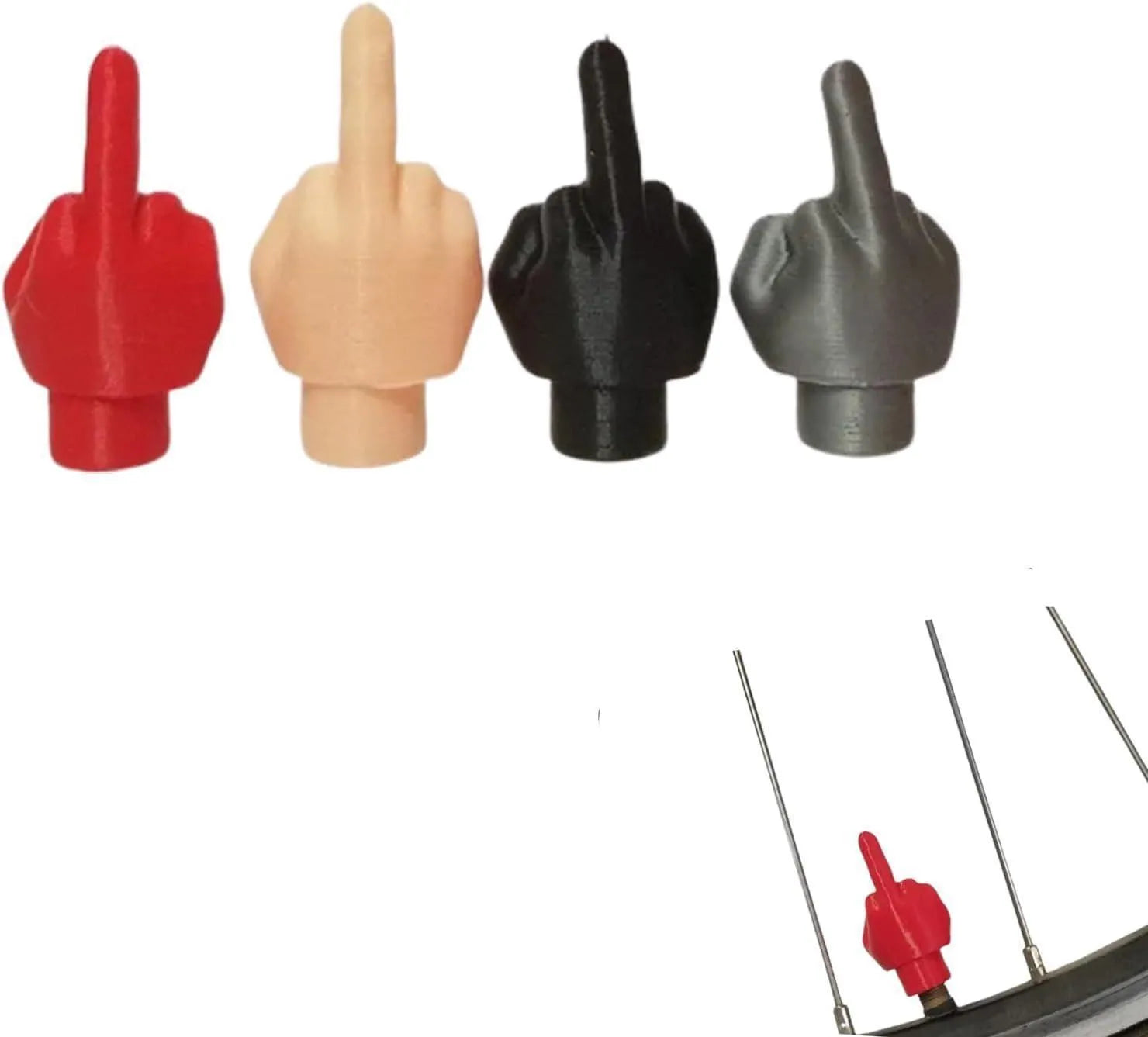 Four latex tyre valve caps showing two skin colour and two black pieces for car tyre protection