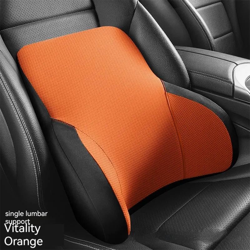 Memory foam and latex car lumbar support pillow and matching headrest with knitted fabric cover.