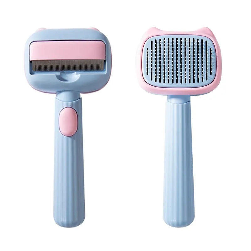 Blue and green double-sided pet grooming brush showing deshedding rake and dematting comb