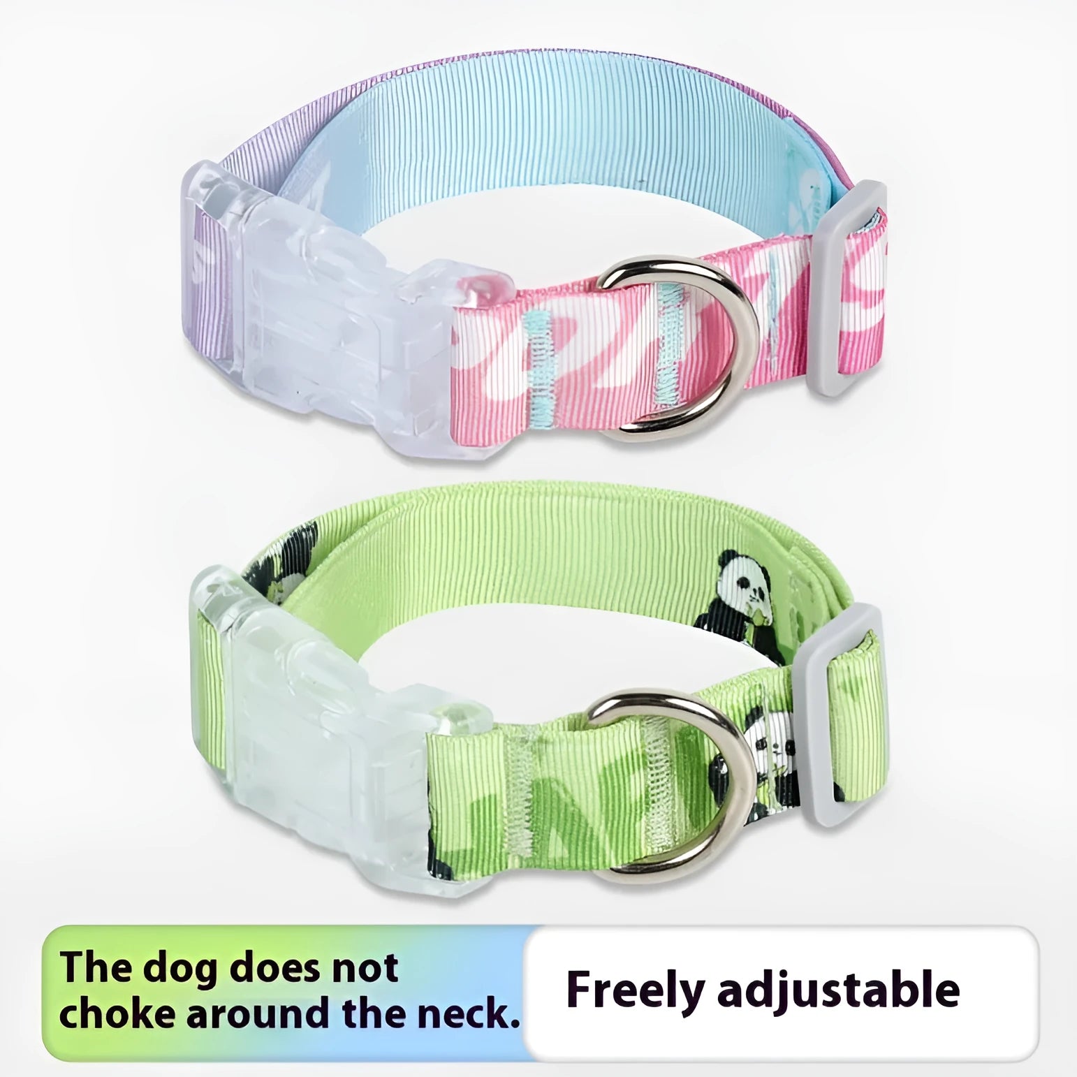 Adjustable nylon dog collar with a colourful cartoon gradient print and a metal D-ring, shown in panda green.