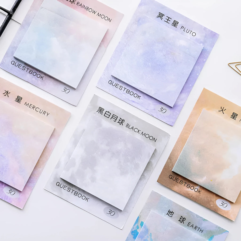 Square planet-themed sticky note pad showing oil painting designs of Earth and other planets, 7.3cm in size.