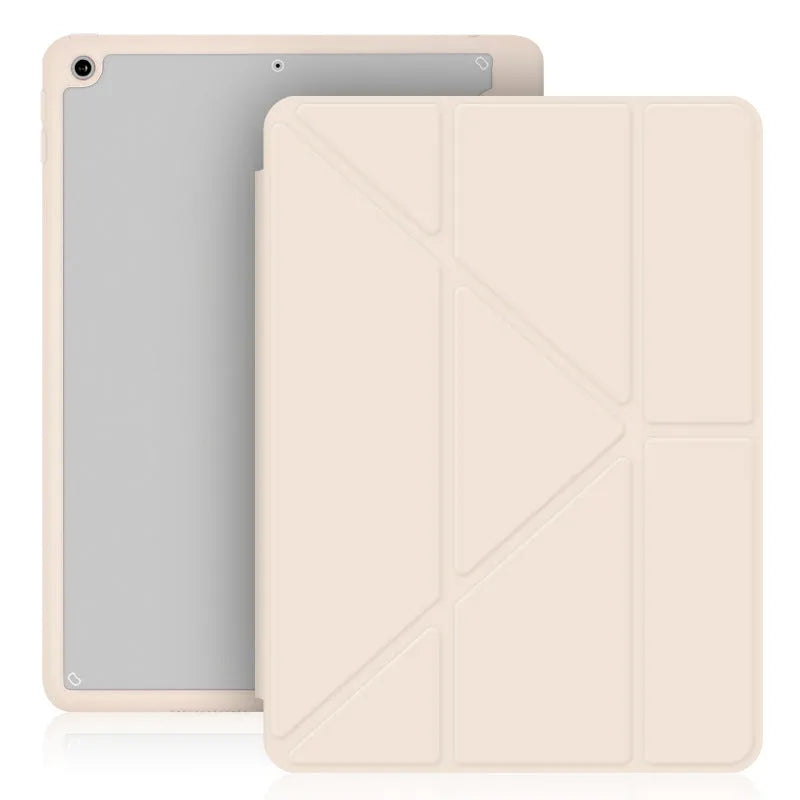 Imitation leather iPad case in dark grey showing folded bracket stand and open pen slot for Apple Pencil.