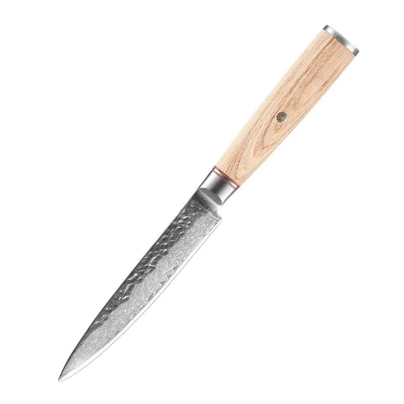 Damascus steel kitchen knife set of 7 with patterned blades and wooden handles on a dark surface