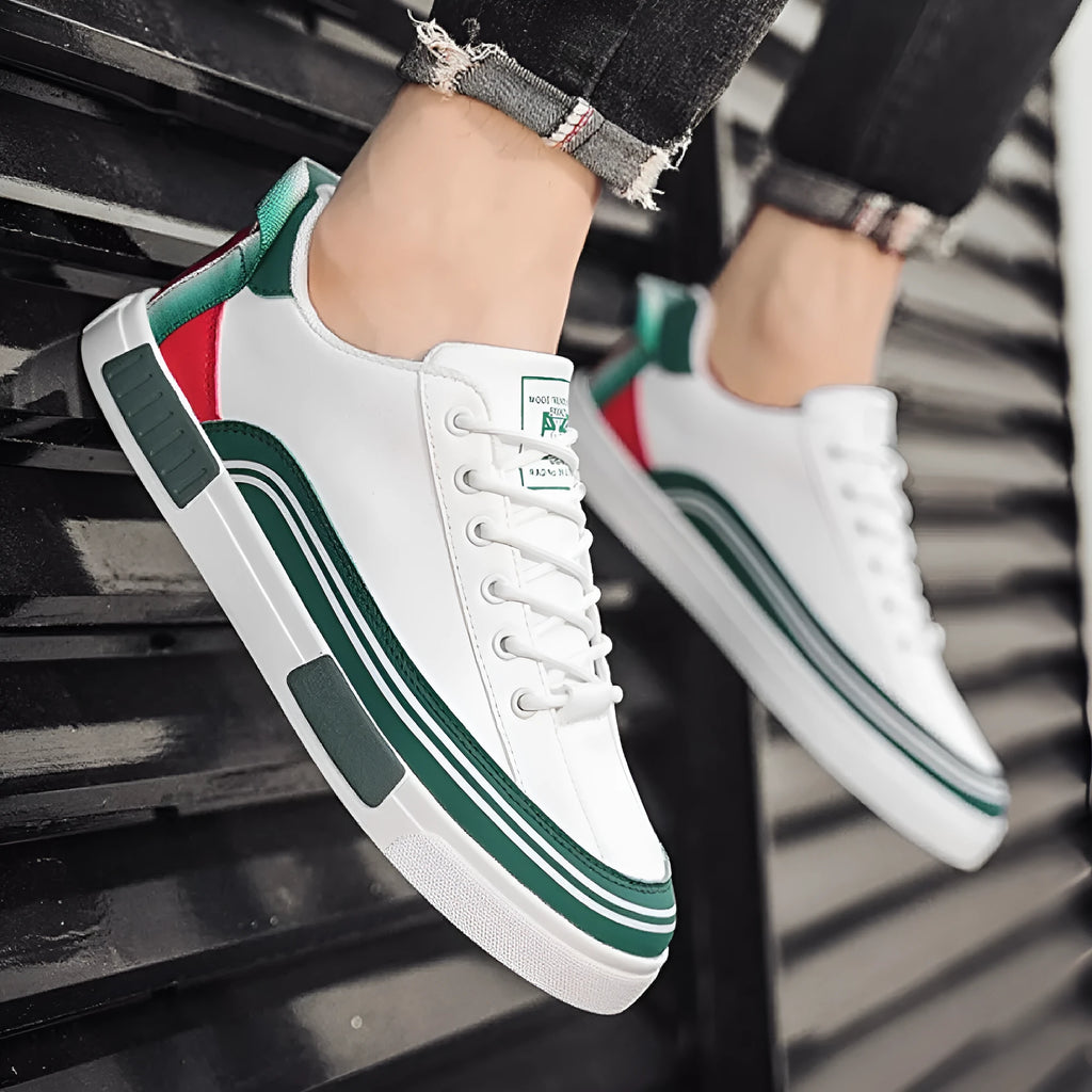 Men's beige and white-green canvas shoes with mesh panels and round-toe design