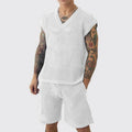 Men's blue V-neck sleeveless vest with matching shorts sports outfit