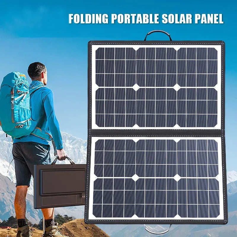 Black folding 40-watt monocrystalline solar panel bag shown both open and closed to 8cm thickness.