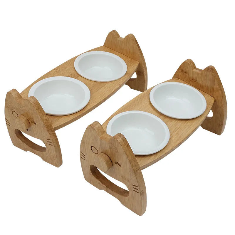 Height adjustable ceramic double bowl on bamboo stand for cats and dogs, original wood colour, non-slip base