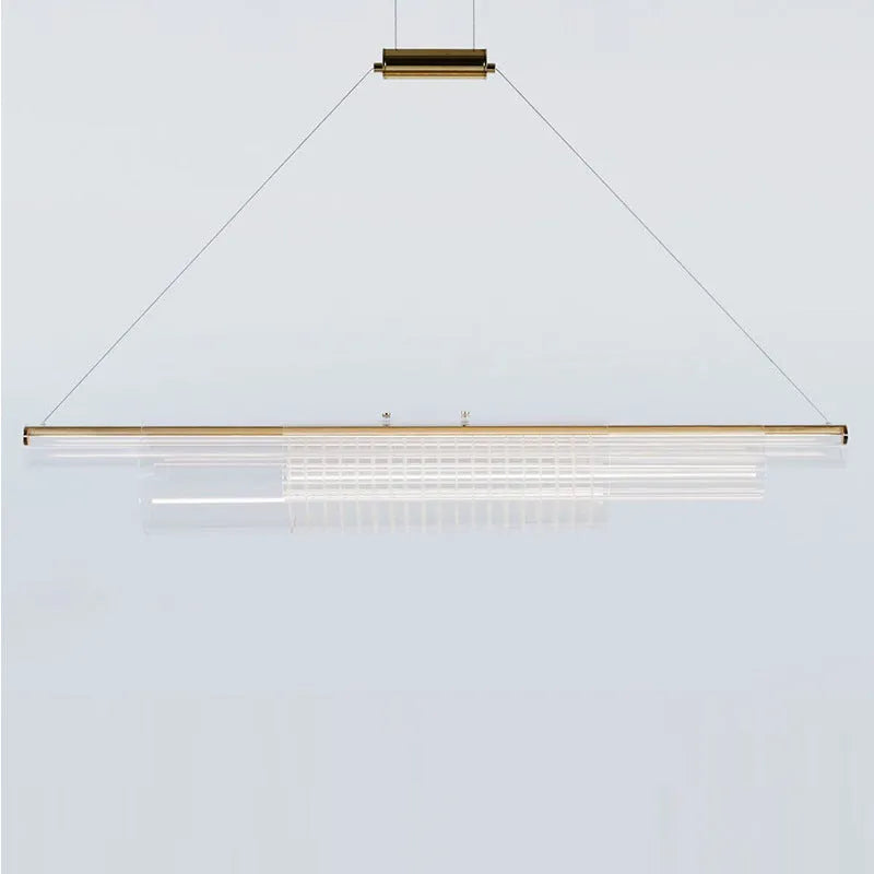 Modern clear glass pendant lamp with iron fittings hanging from a ceiling.