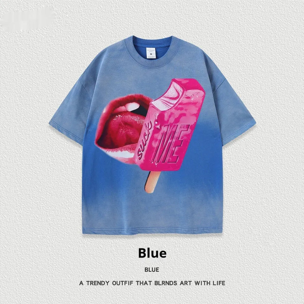 A loose-fitting heavy washed cotton short-sleeved t-shirt laid flat, showing its vintage texture.