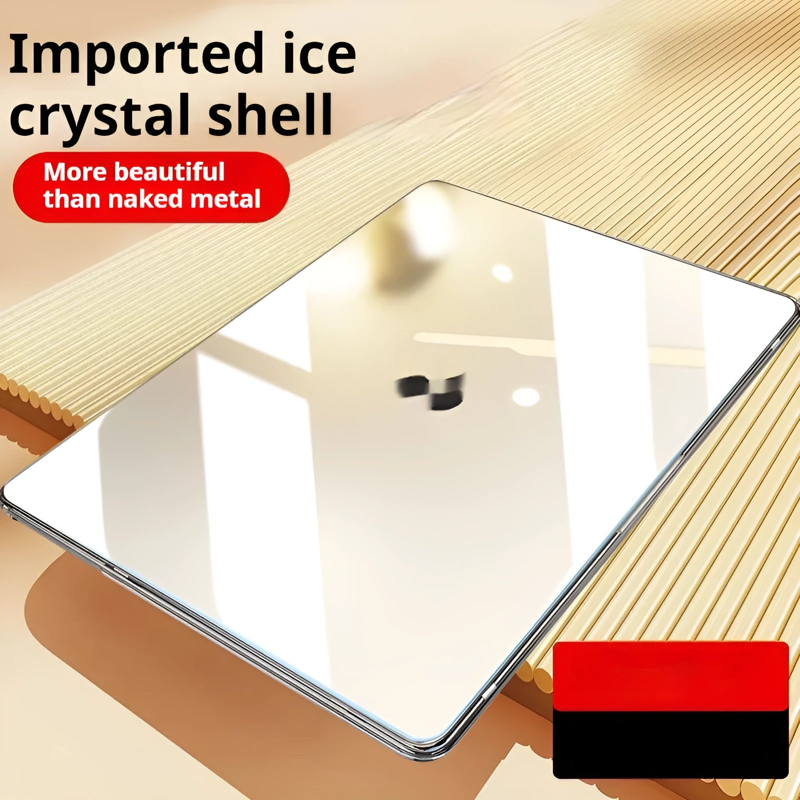 Clear plastic protective shell for a MacBook Pro laptop on a desk.