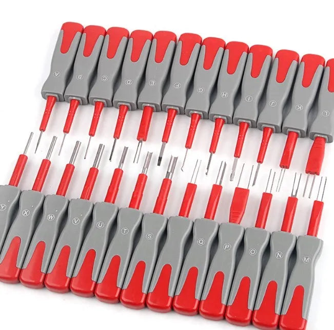 25 piece car terminal harness removal tool set in a black storage box for auto electrical repair.