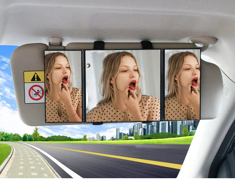 Silver folding car makeup mirror shown closed and opened, highlighting its compact and large glass sizes.