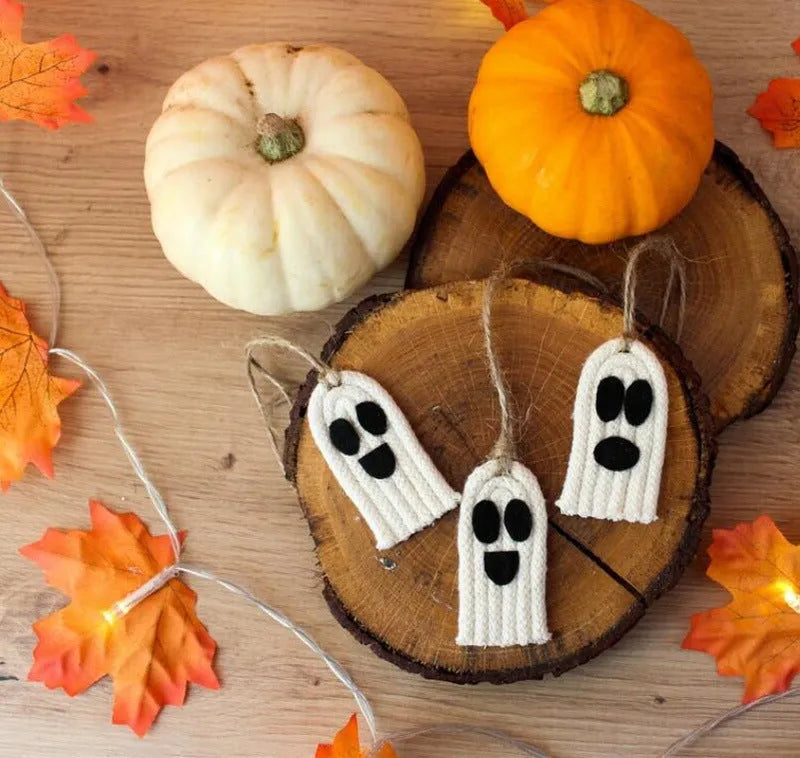 Polyester plush hand-woven cartoon automobile hanging ornament showing Halloween bat and ghost designs.
