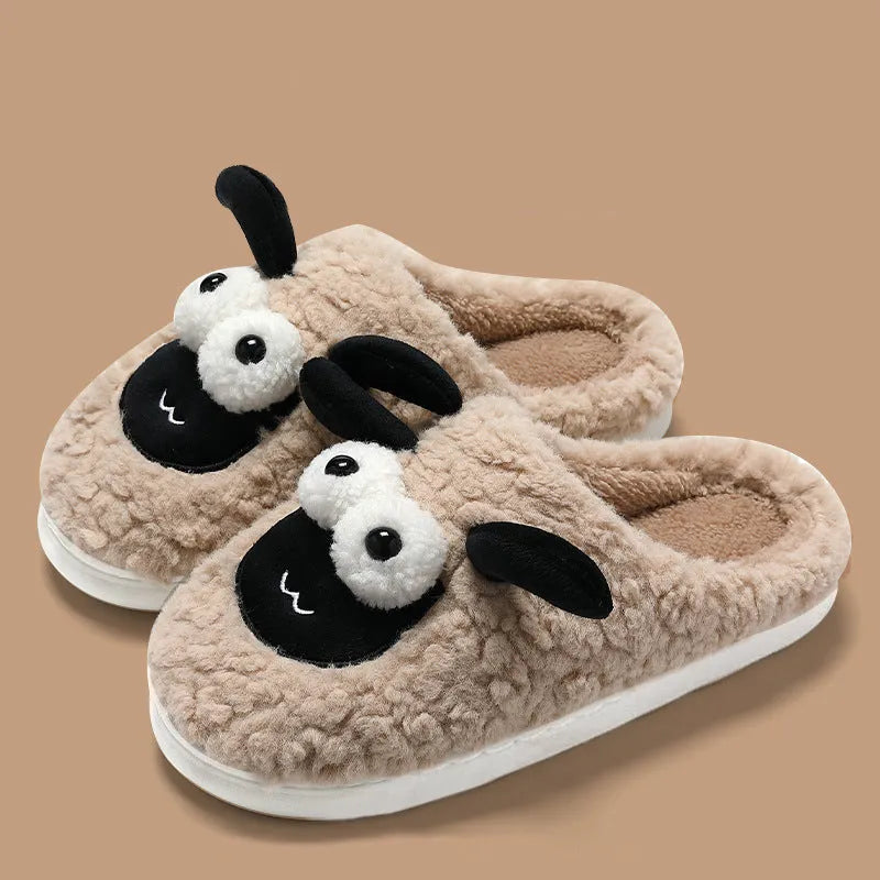 Brown lamb thermal cotton slip-on slippers with suede upper and PVC sole