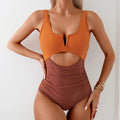 Women's one-piece swimsuit with contrast colour-block pattern in nylon fabric