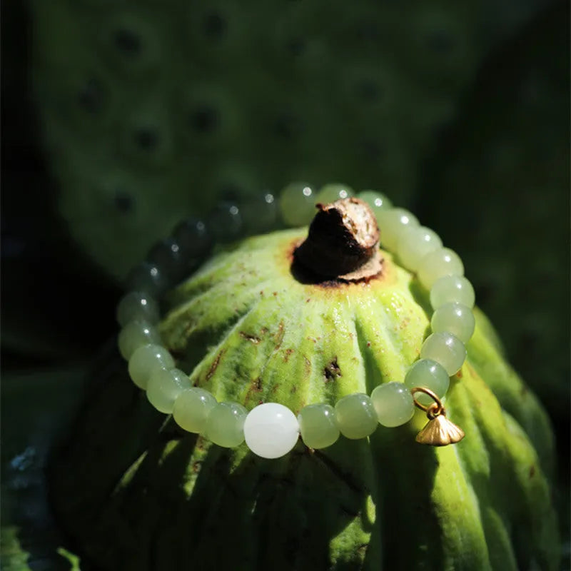 Green Hetian jade bracelet with vintage beads in ethnic style design for women
