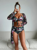 Three-piece printed polyester women's bikini swimsuit set in pattern 2, tight fit, high elasticity, sizes S to XL