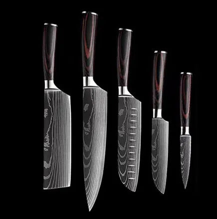 Chef knife with laser Damascus patterned blade and colour steel handle, length 30cm