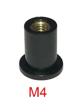 Pack of ten black brass expansion rubber well nut fasteners for motorcycle bodywork in M4, M5, and M6 sizes.