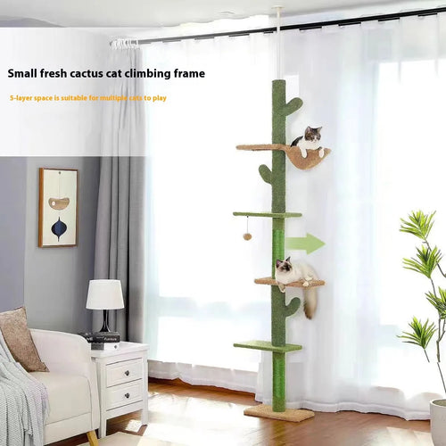 Tall solid wood cactus-shaped cat tree with integrated scratch board and dangling toy.