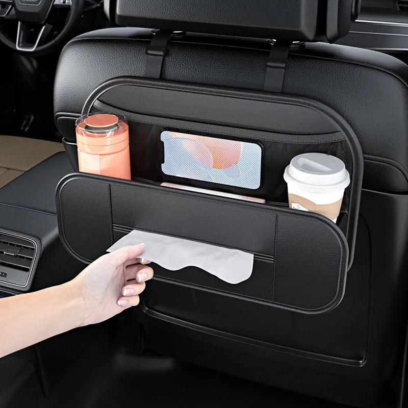 Black leather car seat back storage organiser bag with customisable pockets