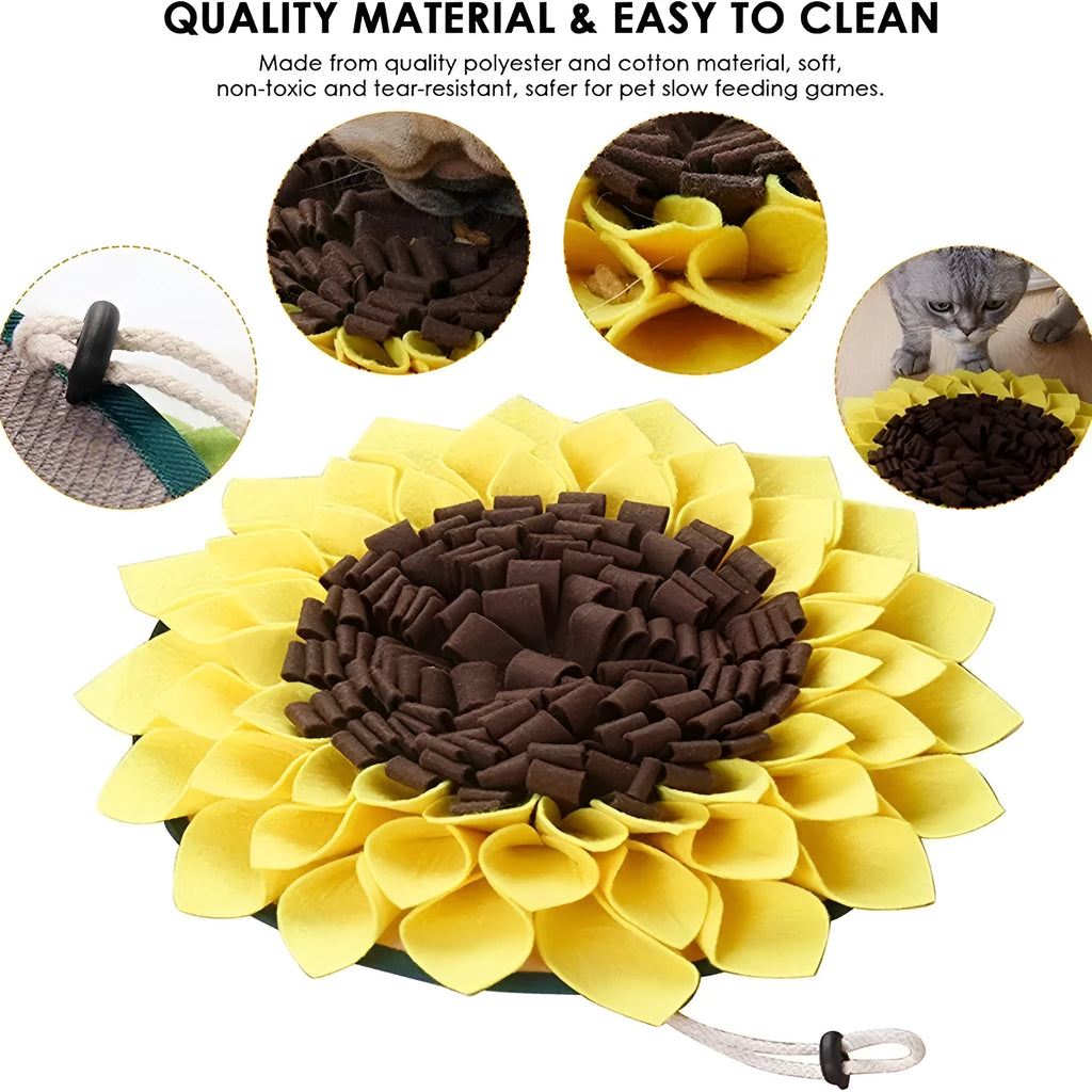 Yellow sunflower-shaped dog snuffle mat with rope and buckle attachment for slow feeding