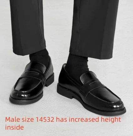 Black men's classic slip-on derby leather shoes with a rubber sole on a white background