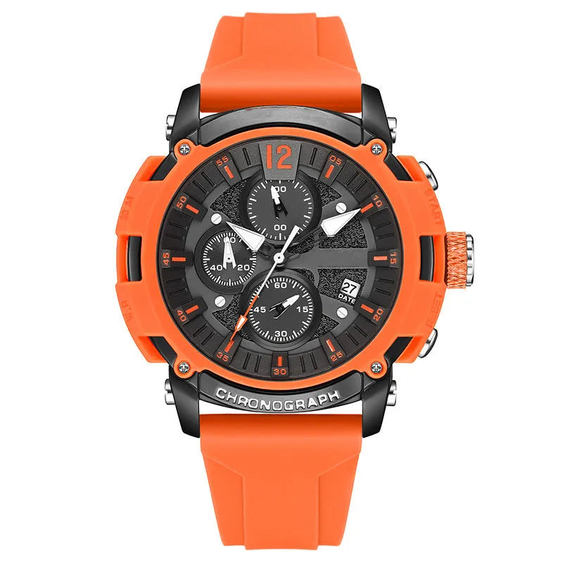 Men's digital watch with luminous display showing time and calendar, water resistant to 30 metres