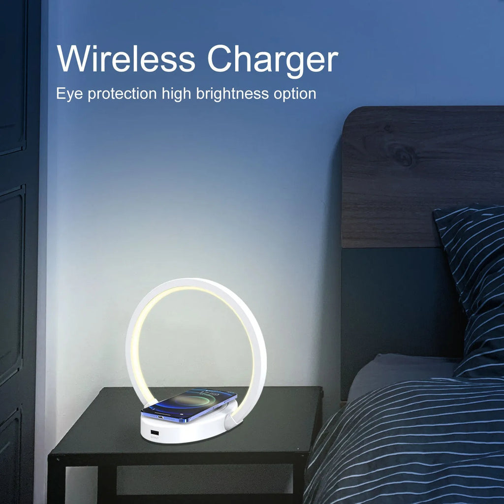 LED desk lamp with 10W wireless charger, Bluetooth speaker, USB port and phone holder, 41 blue-light-free LED beads, adjustable arm and head