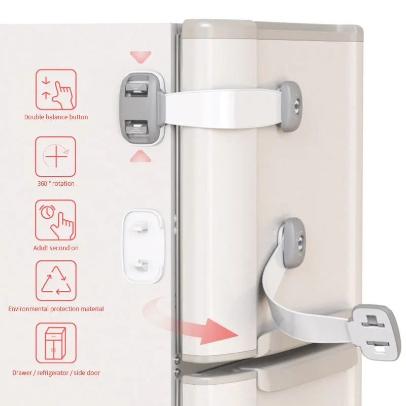 Grey and green adjustable child safety cabinet locks with adhesive backing