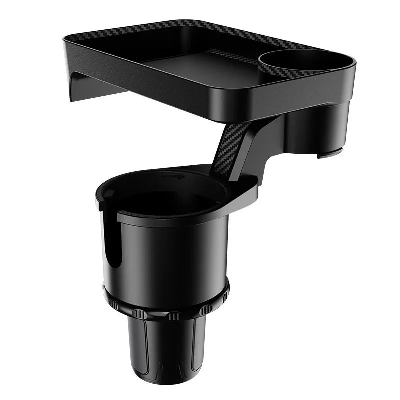 Black car-mounted dinner tray holder with a rotating base, shown inserted into a vehicle cup holder.