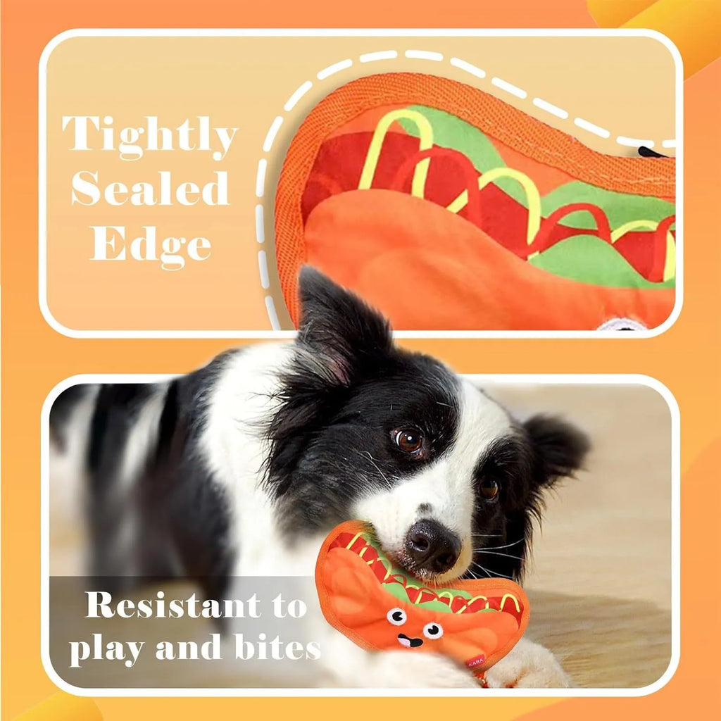 Colourful crinkle and squeak dog toy in a fast-food burger shape on a white background.