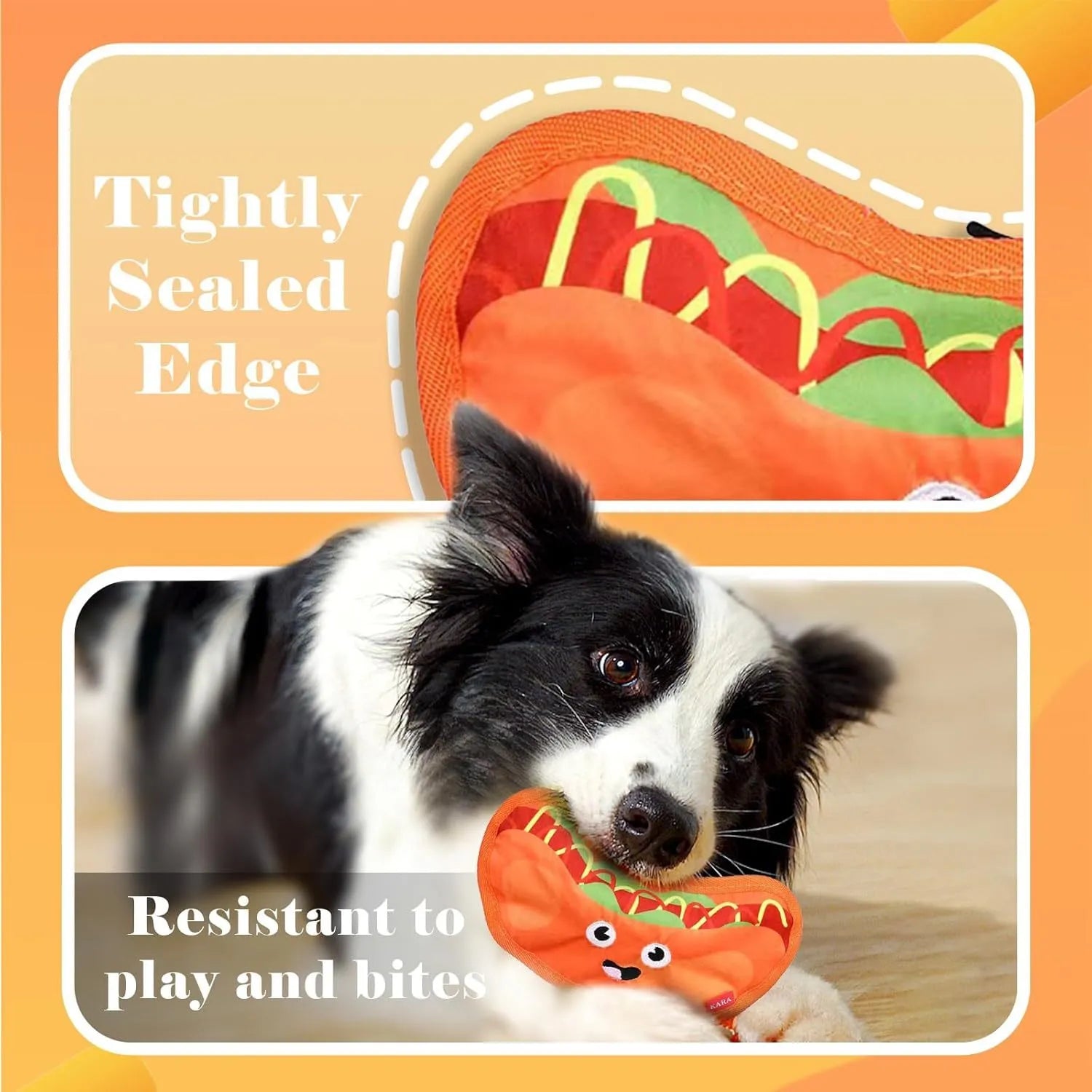 Colourful crinkle and squeak dog toy in a fast-food burger shape on a white background.