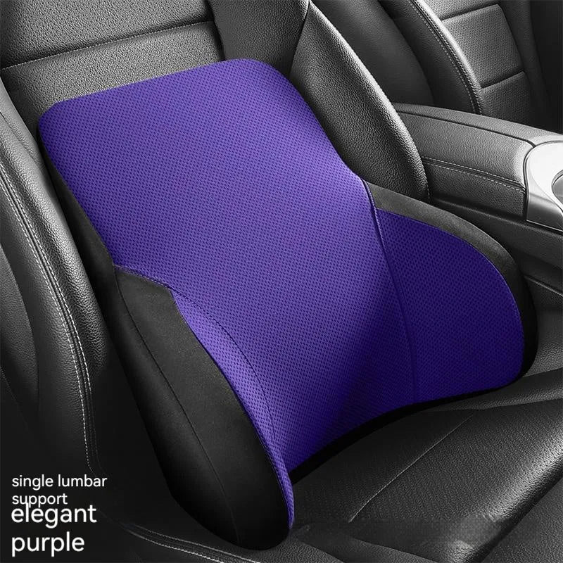 Memory foam and latex car lumbar support pillow and matching headrest with knitted fabric cover.