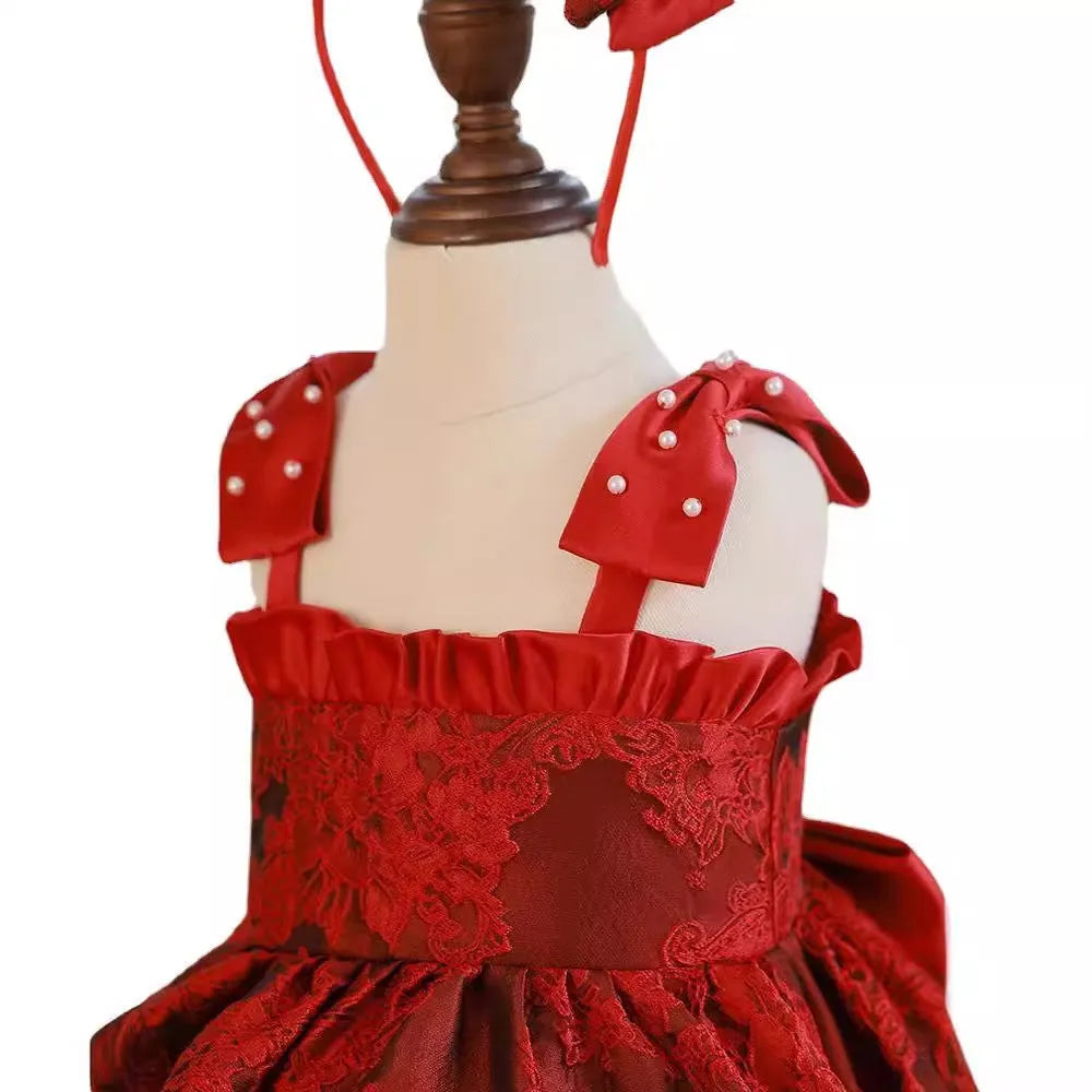 Red Zhuazhou girls braces skirt princess style polyester suspender dress for children