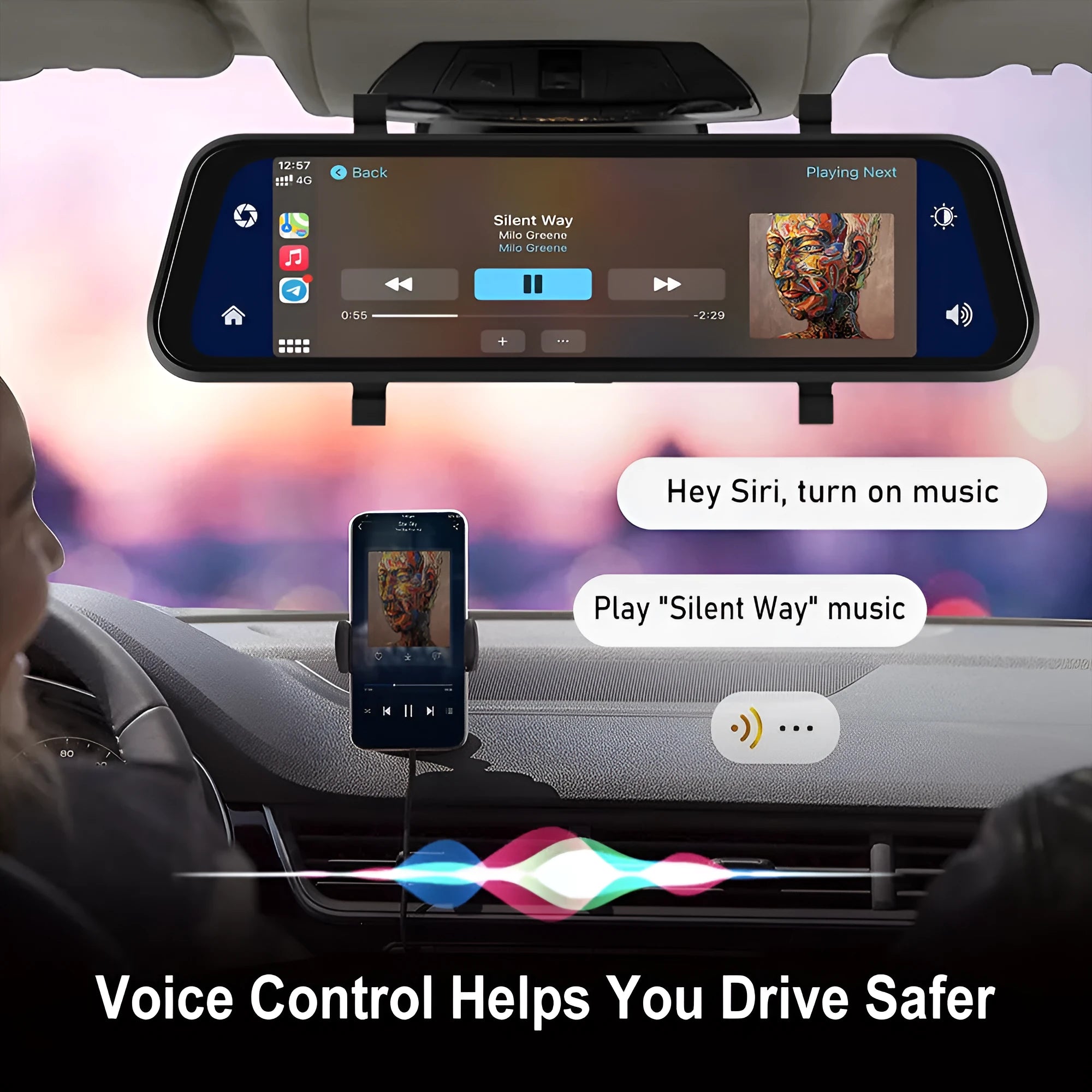 9.66 inch mirror-style car dash cam with HD screen showing video display and smartphone connectivity icons.