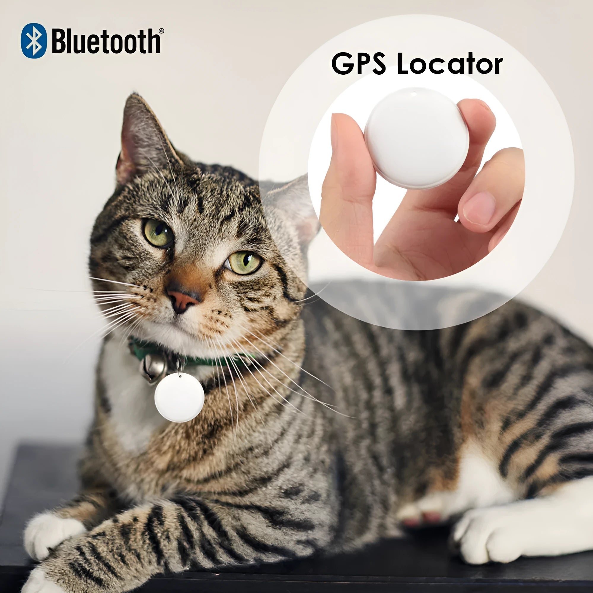 White and black GPS tracker for pets and keys with hanging rope attachment