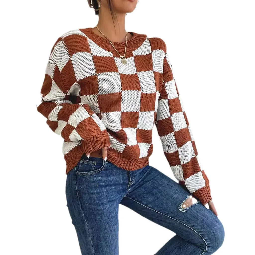 Dark brown plaid pattern men's acrylic pullover sweater with round neck and long sleeves.