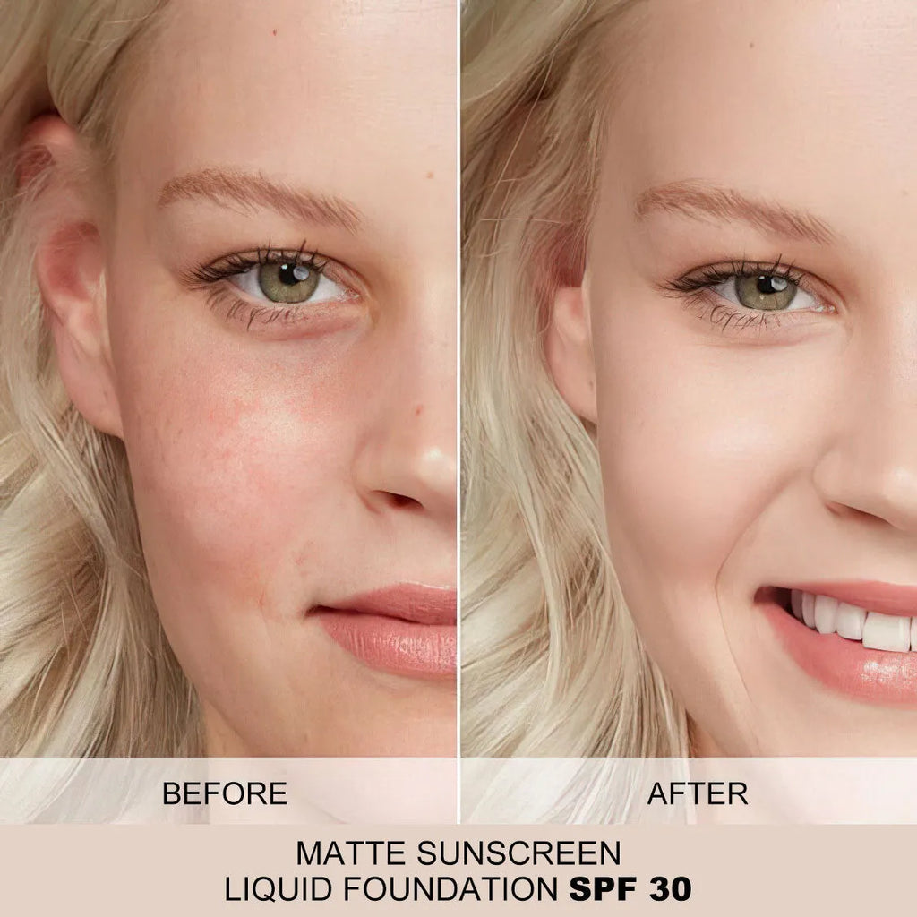 Matte sunscreen liquid foundation SPF 30 bottle in six colour shades 01color through 06color
