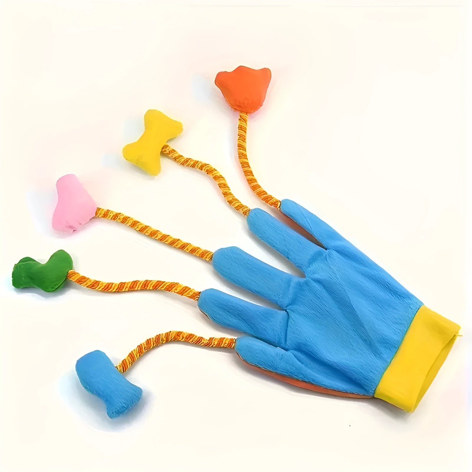 Yellow and blue Magic Glove cat teaser toy with plush bell trailer on a 40cm long handle.