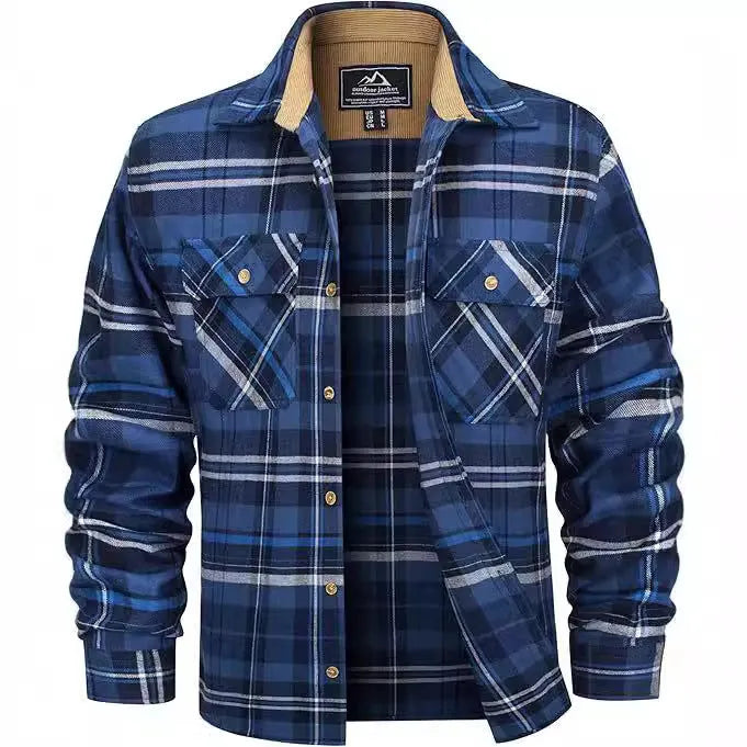 Men's polyester flannel button shirt with plaid pattern in multiple colour options