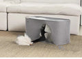 Foldable khaki felt cat nest shown in both bed and enclosed cage configurations.