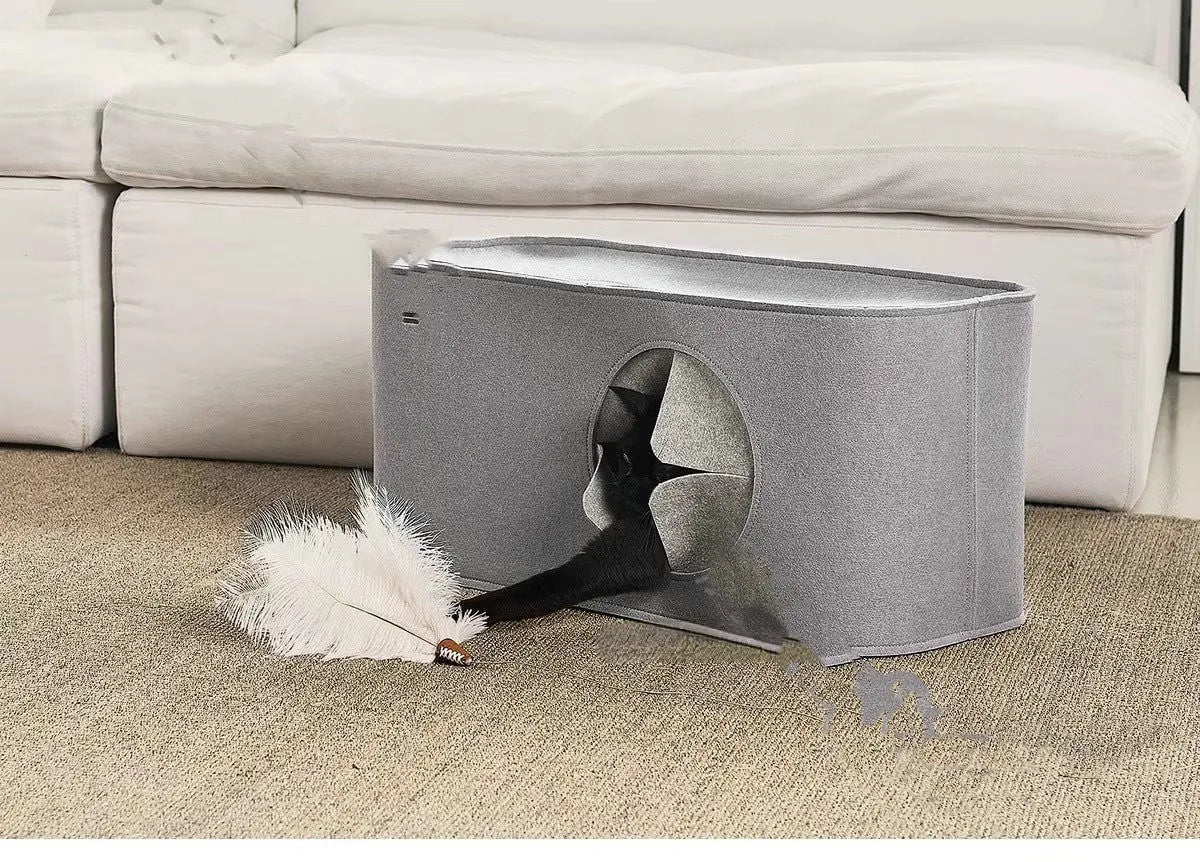 Foldable khaki felt cat nest shown in both bed and enclosed cage configurations.
